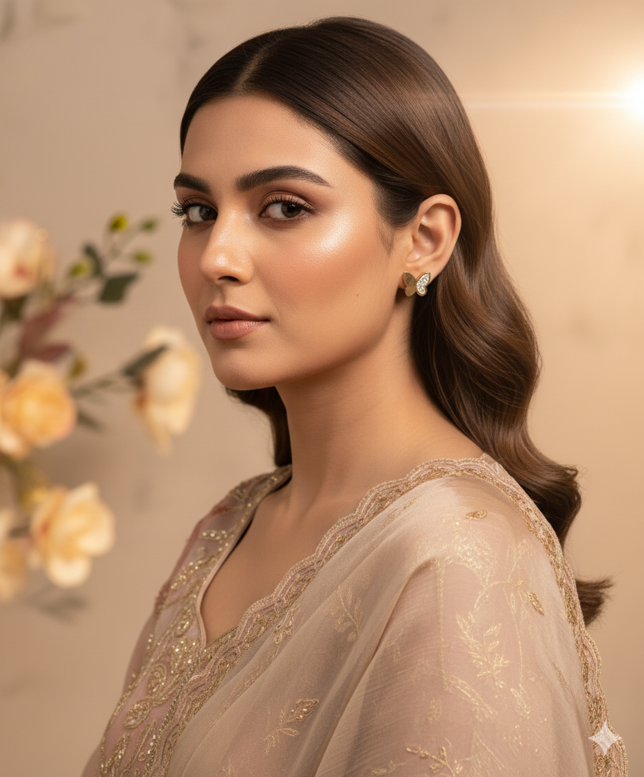 Noratan Golden Wing Stud Earrings – Minimal Butterfly-Inspired Crystal Jewellery for Women in Pakista